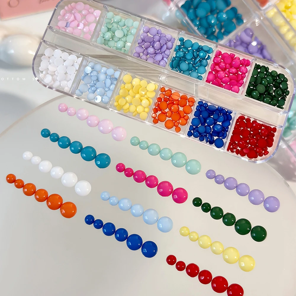 

12 Grids Dopamine Colorful 3D Round Beads for Nail Art 12 Colors Resin Flat Back Beads Nail Charms Cute DIY Manicure Accessories