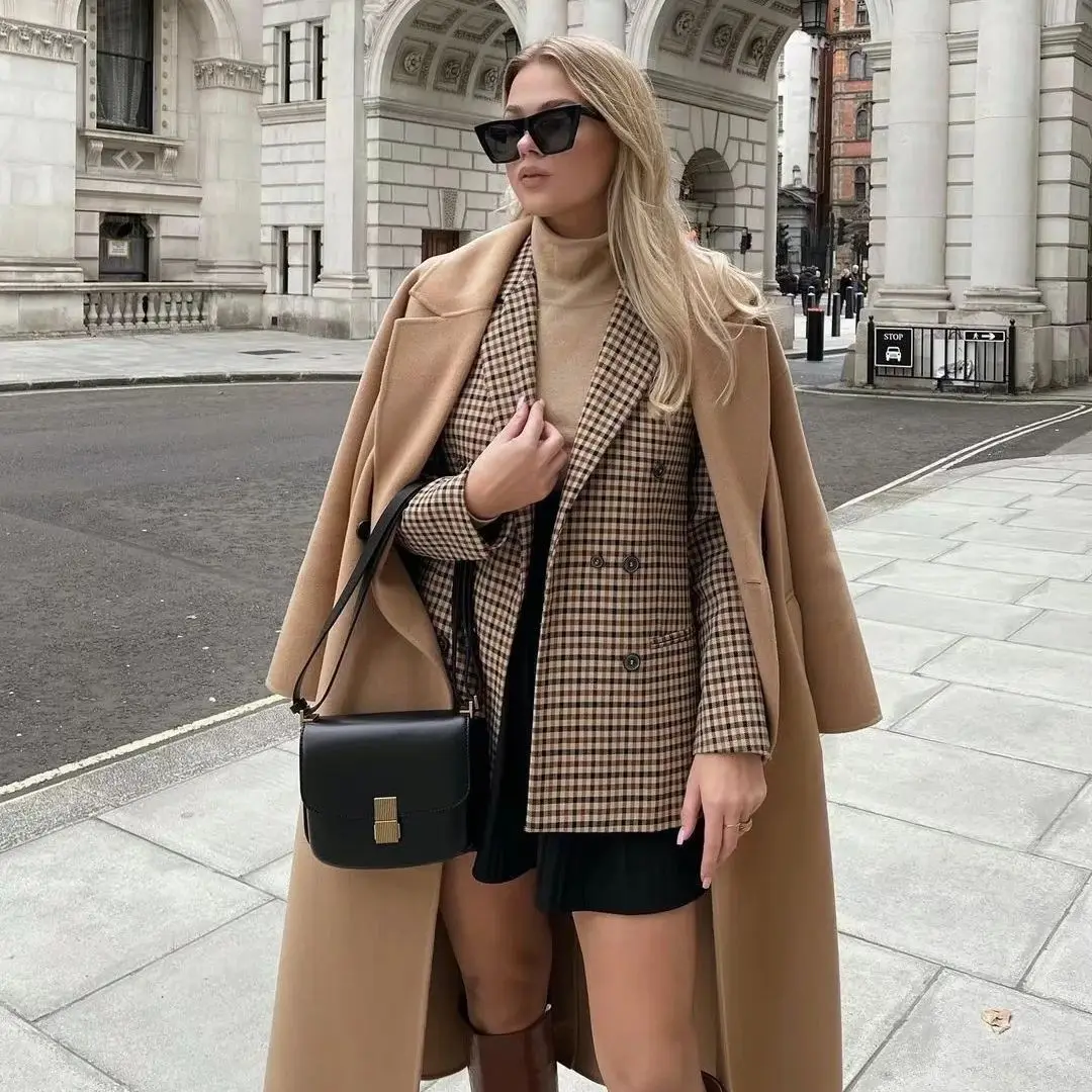 Wholesale Style Women's Autumn Plaid Double-Breasted Coat Personality Blazer Top 5 Colors