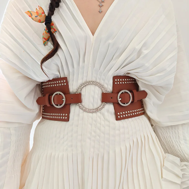 Fashion Ladies rhinestone Circle Corset Belt Elastic Pin Buckle Cummerbund Tie Rope Elegant Belt for Women Shirt Dress Waistband