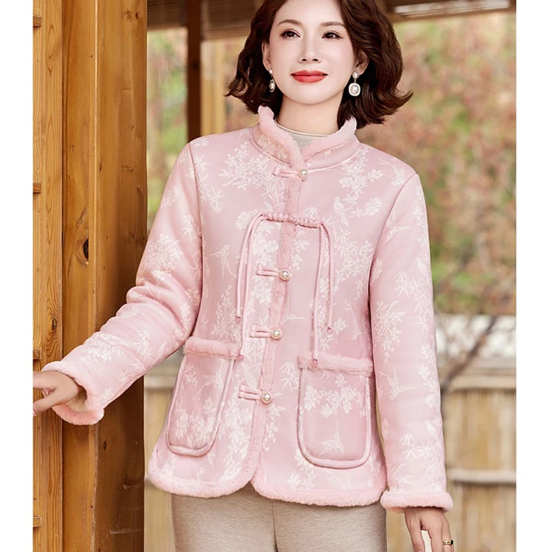 2025 المرأة النمط الصيني طباعة سترة قطن مبطنة بالصوف سميكة الدافئة طويلة الأكمام معطف الشتاء المألوف الأم أبلى 2025
