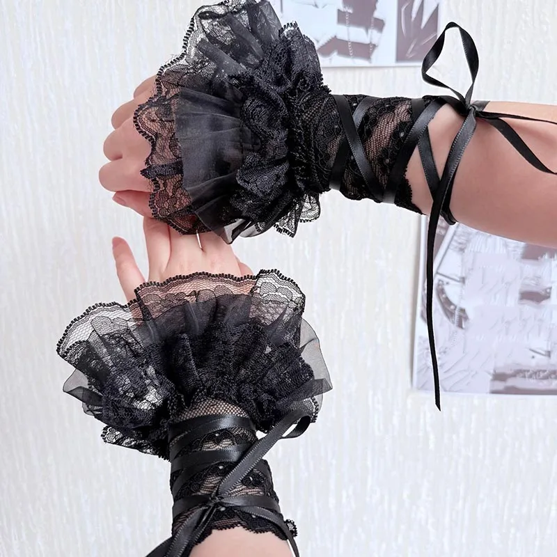 White Short Hand Sleeves with Satin Ribbon Tie Lolita Wrist Cuffs Ruffled Floral Lace Bracelet Y2K Cosplay Wrist Decor for Party