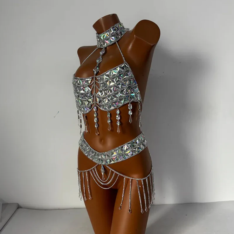 Damen 2-Teiliges Set Strass-Outfits Kristall-Neckholder-Top+Minirock Sexy Quasten-Körperkette Schmuck Nachtclub Bühne Festival – Detail 4