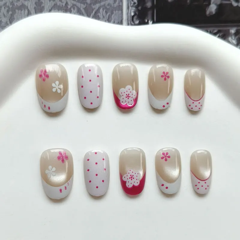 10Pcs Sweet and Girly French Manicure Red Polka Dot with Plum Blossom Press on Nails Fake Nails Gentle and Detachable Nail Patch