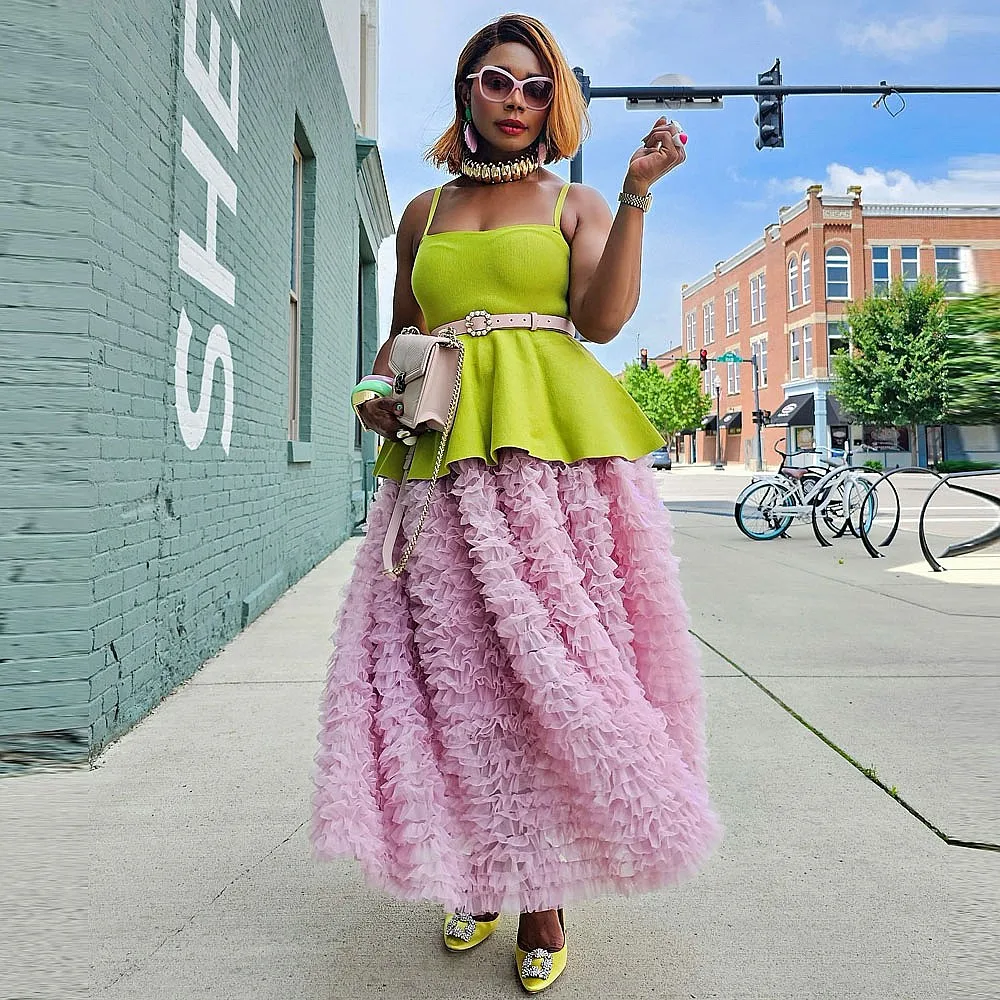 Różowe spódnice dziewczęce na wieczór urodzinowy, bez górnej warstwy, warstwowa spódnica na imprezę w stylu high street, spódnica ślubna z tiulu w kształcie litery A.