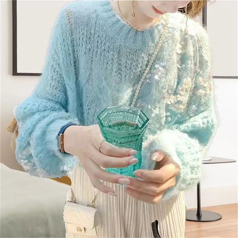 Stylish Solid Color Spliced Sequined Asymmetrical Sweater Female Clothing 2022 Autumn New Casual Pullovers All-match Sweet Tops