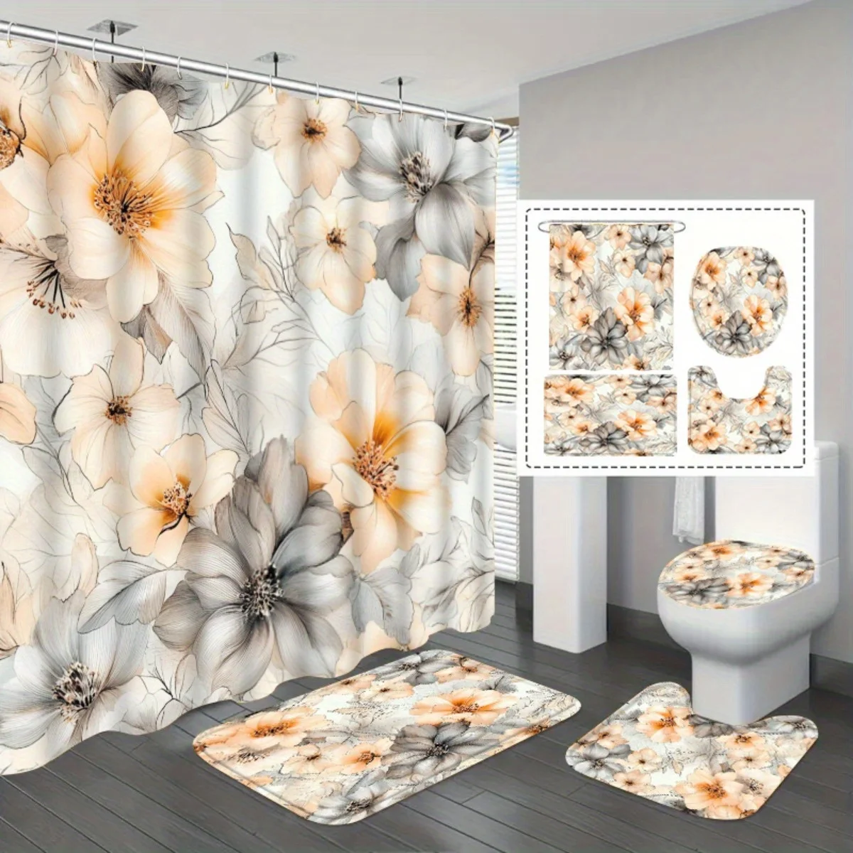 

Vintage Floral Bathroom Set - 4Pieces: Shower Curtain + Rug + Toilet Seat, Beige and Gray Vintage Floral Decor