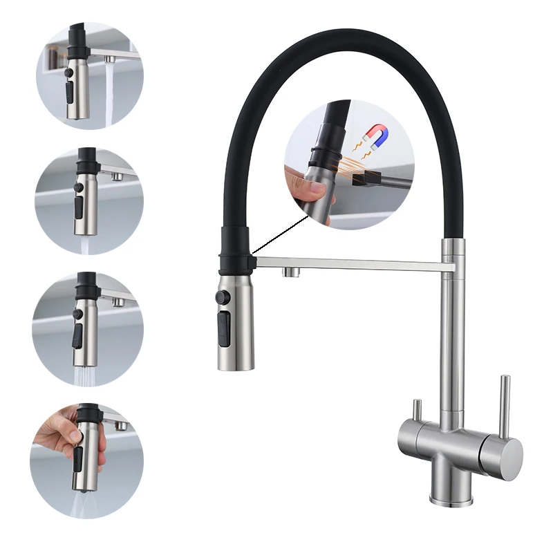 

4 In 1 Magnetic Adsorption For Kitchen Sink Faucet Pure Water Tap Silicone Hose 360 Rotation Stainless Steel Hot And Cold Mixer