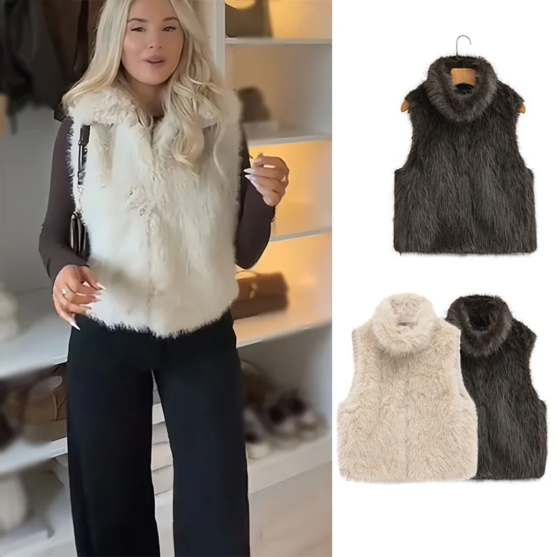 

HH 2025 женский зимний уличный модный меховой жилет однотонное коричневое укороченное пальто с лацканами и прикрытыми пуговицами теплая верхняя одежда без рукавов