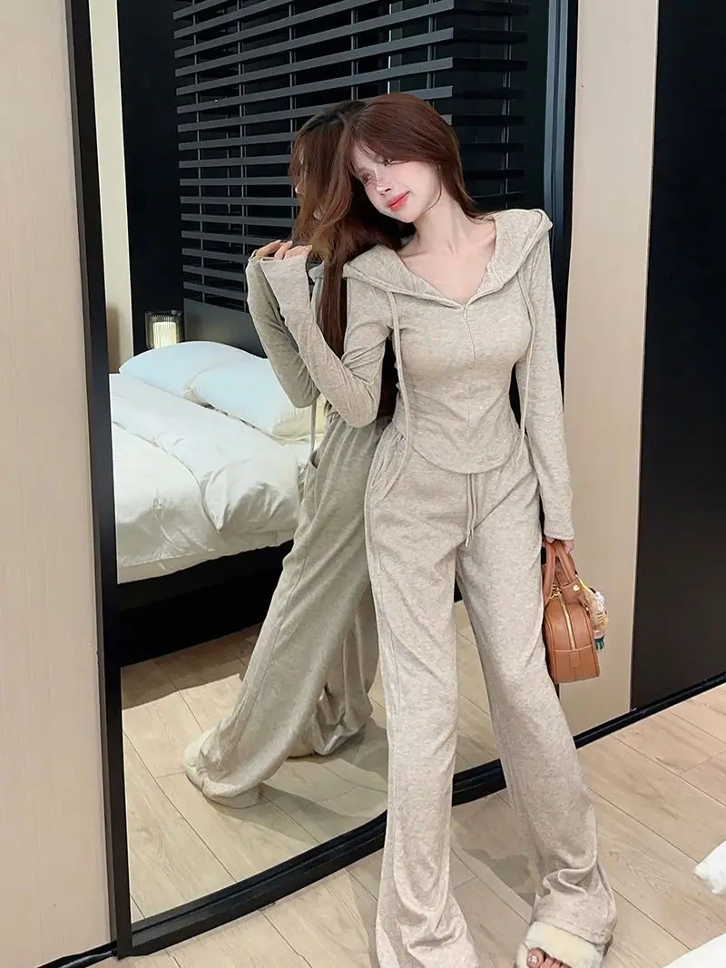 Lazy Casual Suit Hooded Jacket Top Women\'s Wide Leg Pants Floor Length Pants Sports Style Two-piece Set