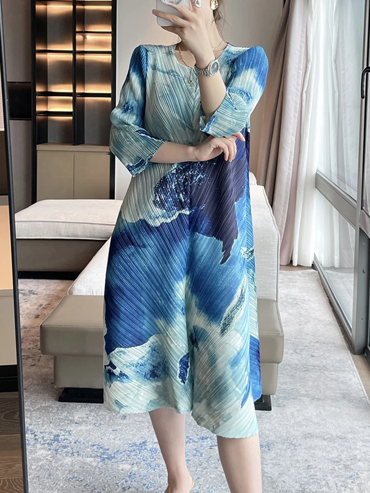 GVUW Pleated Print Dress Women Round Collar Full Sleeve Fashion Casual New 2024 Elegant Lady Evening Party Dresses 17G7730