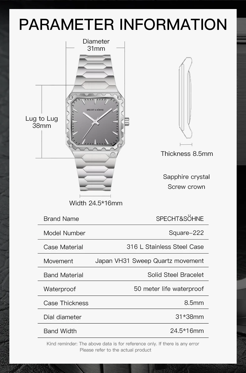 العلامة التجارية الفاخرة الوافدين الجدد Specht & Söhne 222 مربع ساعة معصم رجالية الفولاذ المقاوم للصدأ VH31 الاجتياح الكوارتز Movt ساعات رياضية الذكور #2