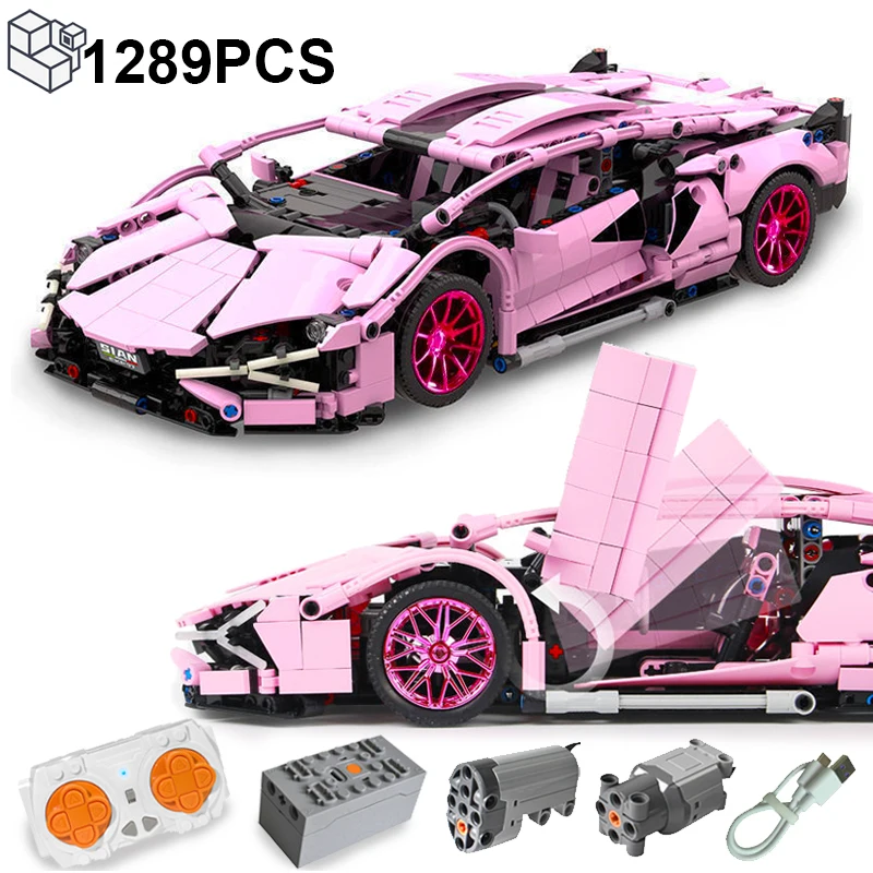 1289PCS Technical Pink Lambo Sports Car Building Blocks Limited Edition Racing Vehicle Assemble Bricks Toys Gifts For Girls Kids