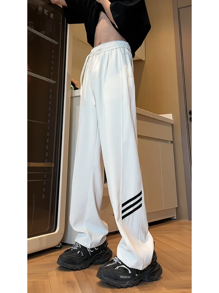 

Мужские летние тонкие прямые брюки из ледяного шелка, свободного кроя, в полоску, в стиле High Street, модные повседневные длинные брюки