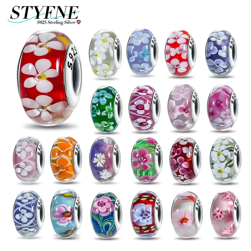 

New Sterling Silver 925 Shiny Glowing Cute Pink Flowers Murano Original Glass Bead Original Bracelet DIY Fashion Women's Jewelry