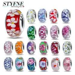 New Sterling Silver 925 Shiny Glowing Cute Pink Flowers Murano Original Glass Bead Original Bracelet DIY Fashion Women's Jewelry