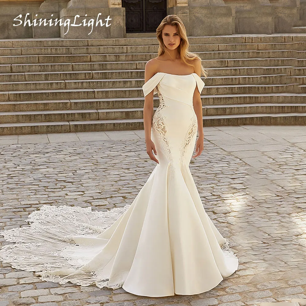 

ShiningLight Off-The-Shoulder Mermaid Wedding Dresses Stylish Waist Cut-Out Elegant Bride Dresses Vestido De Noiva Customized