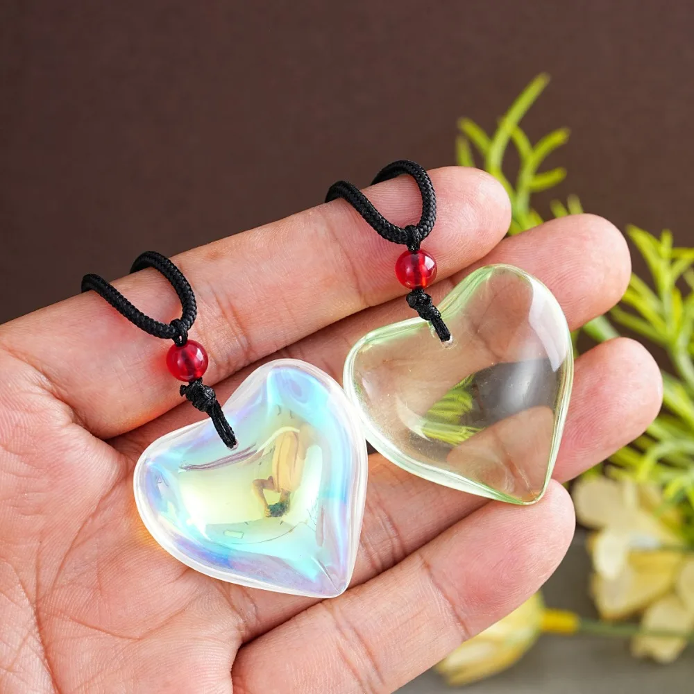 10pcs Punk Laser Colorful Big Love Heart Shape Pendant Simple Transparent Glass Puffy Love Heart Beaded Clavicle Rope Necklace