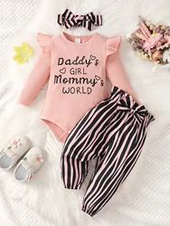 Baby Girl Letter Graphic Ruffle Trim Bodysuit & Striped Paperbag Waist Bow Pants With Headband Suit