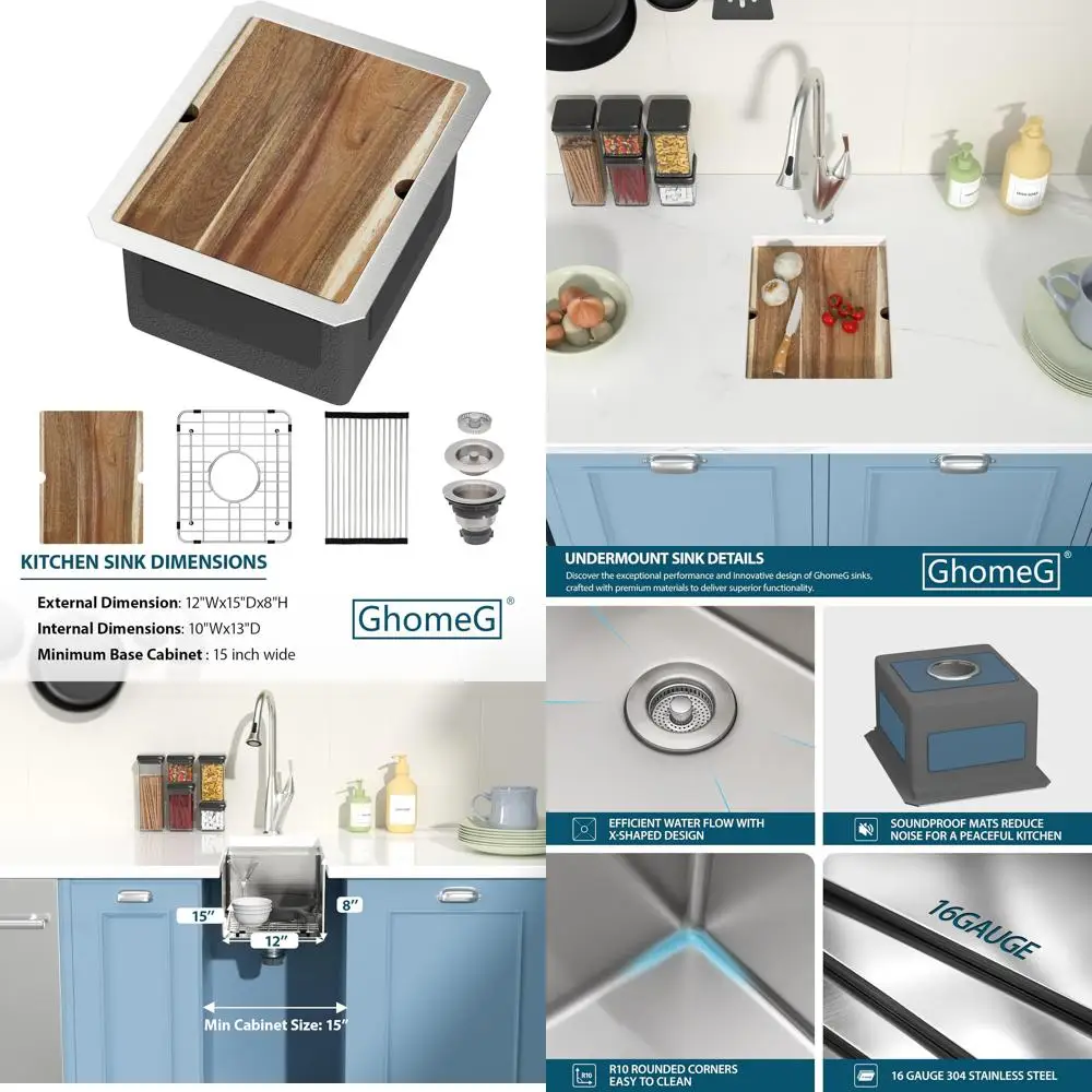 

Stainless Steel Undermount Single Bowl Kitchen Sink 12x15 Inch Deep 8 Inch Small Bar Sink Workstation with Practical Design