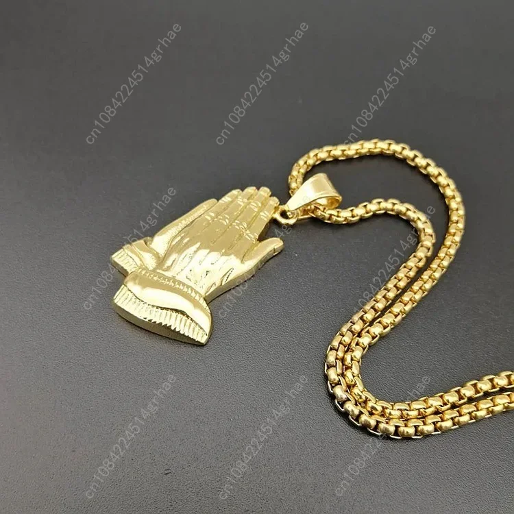 สร้อยคอจี้สแตนเลสสตีลรูปมืออธิษฐานประดับเพชรแบบฮิปฮอป สีทอง สร้อยคอพระเยซูขนาดใหญ่