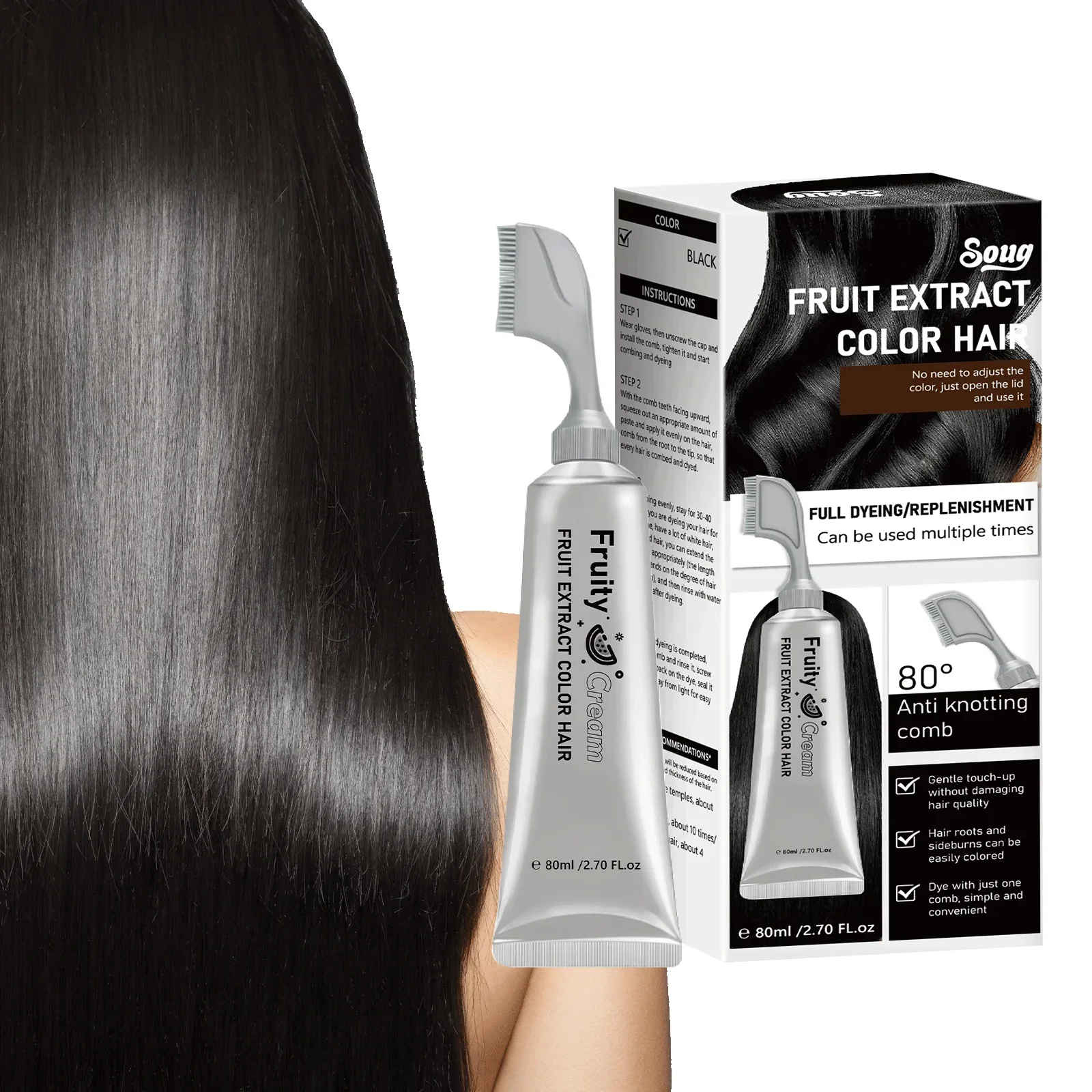 

Стойкий крем-краска для волос черного цвета с расческой - закрашивает седину и белые волосы, с фруктовым ароматом, натуральная мягкая формула.