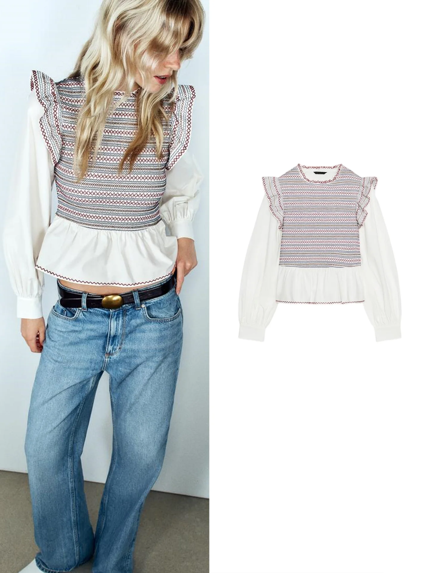 Autumn New Arrival Women's Casual Style Long Sleeve round Neck Embroidery Decorated Shirt Skin-friendly Breathable Polyester ...