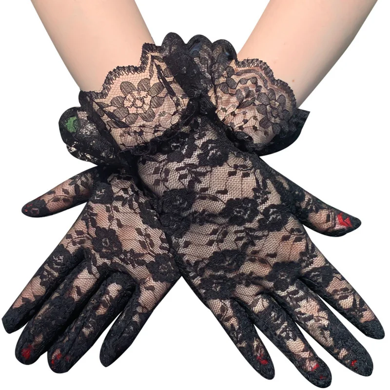 Weibliche dünne sexy schiere florale Spitzenhandschuhe Vollfinger-Fäustlinge Lolita-Kleid Vintage-Handschuhe Brautkleid-Accessoires Weiß Schwarz