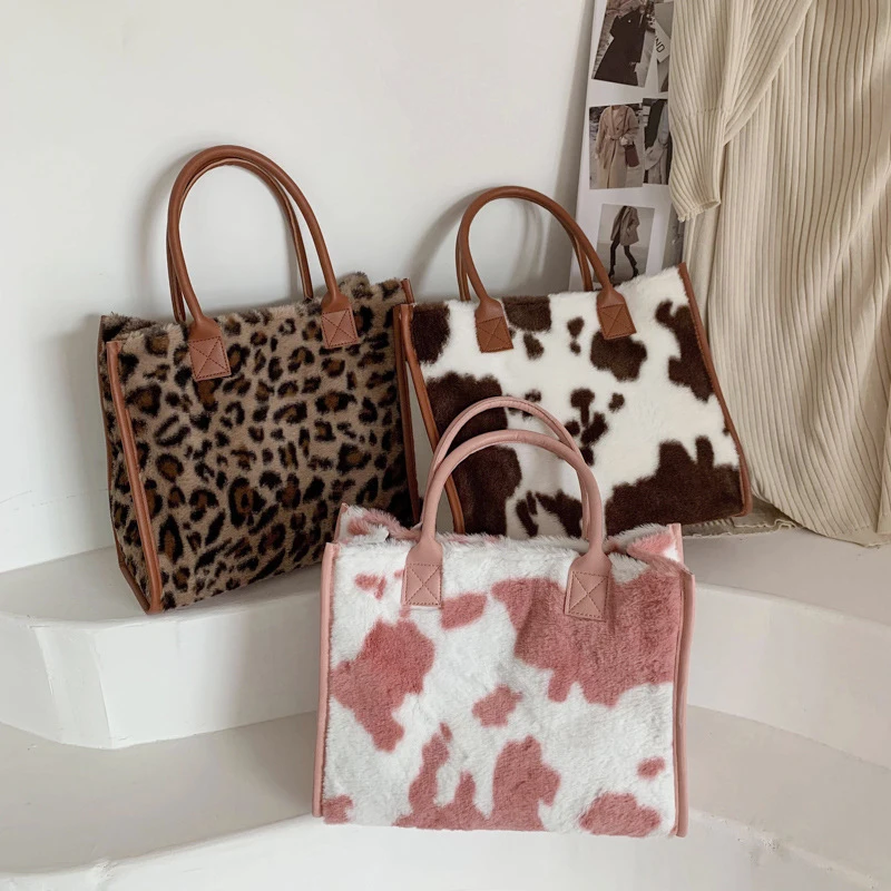 Winter Faux Fur ,Leopard Print Designer Shopper Totes, Fashion Soft Plush Women Shoulder Bags, Large Capacity Handbags and Purse