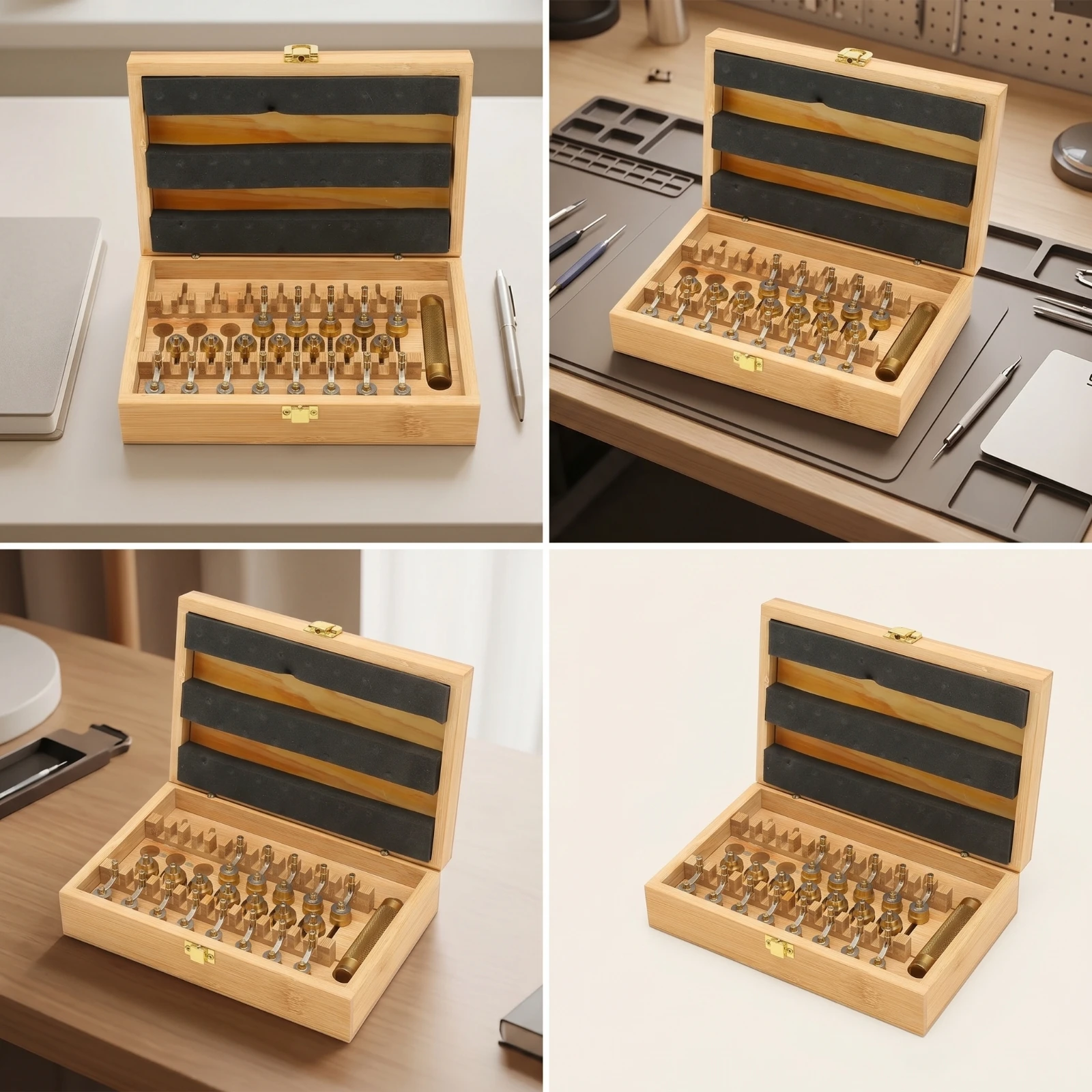 20 Pieces Hinged Lid Molded Slots Wood Box Tool Kit Watch Winding Key Kit Brass Clock Winding Keys