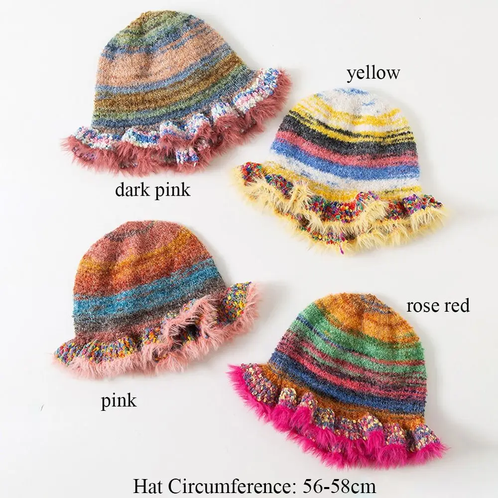 Fashion Crochet Knitted Knit Buket Hat Rainbow Stripe Winter Warm Soft Woolen Hat Beanie Cap Autumn