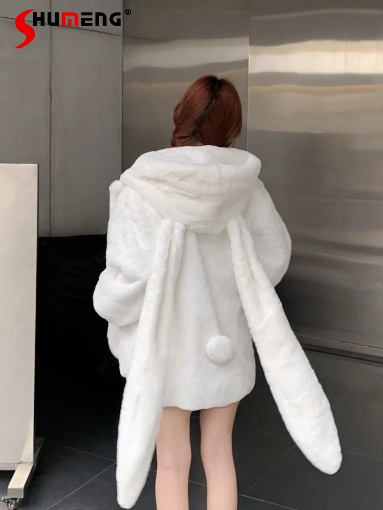 Japanese Style College Rabbit Ears Hooded Plush Coat 2023 Autumn and Winter New Cute Fleece-Lined Thickened Cotton Padded Jacket