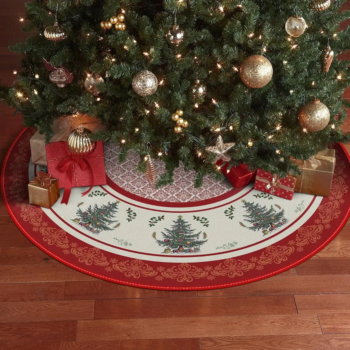 VIKAMA Christmas Tree Skirt Vintage Print Circular Patchwork Christmas Tree Skirt Pad Christmas Home Decoration