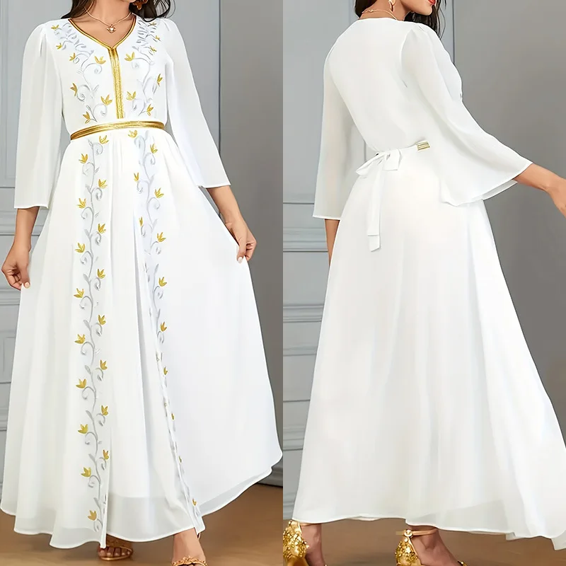 

Middle East Kids Costume White Flower Girl Dress Printed Long Sleeve Children Dress Arabic Dubai Islamic Clothes for Kids