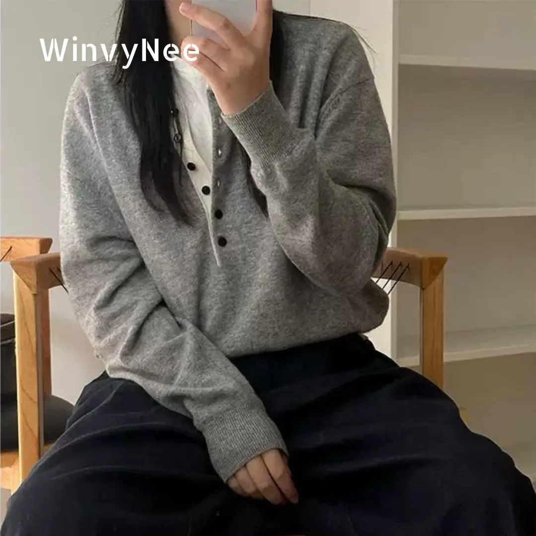 

WinvyNee Women's Wool Long Sleeve Loose Two Layers Turtleneck Buttons Casual Pullover Top Warm Knitwear Autumn Clothing A1683003