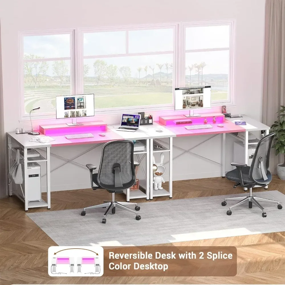 Computer Desk with LED Light, Reversible with Movable Monitor Stand, 55.2 Inch Home Office, Workstation Gaming PC Desk