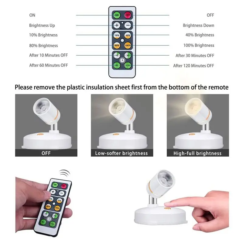 A01F-Wireless Spot Lights Battery Operated Accent Lights Indoor Dimmable LED Spotlight Anywhere Rotatable Wall Light(4 Pack)