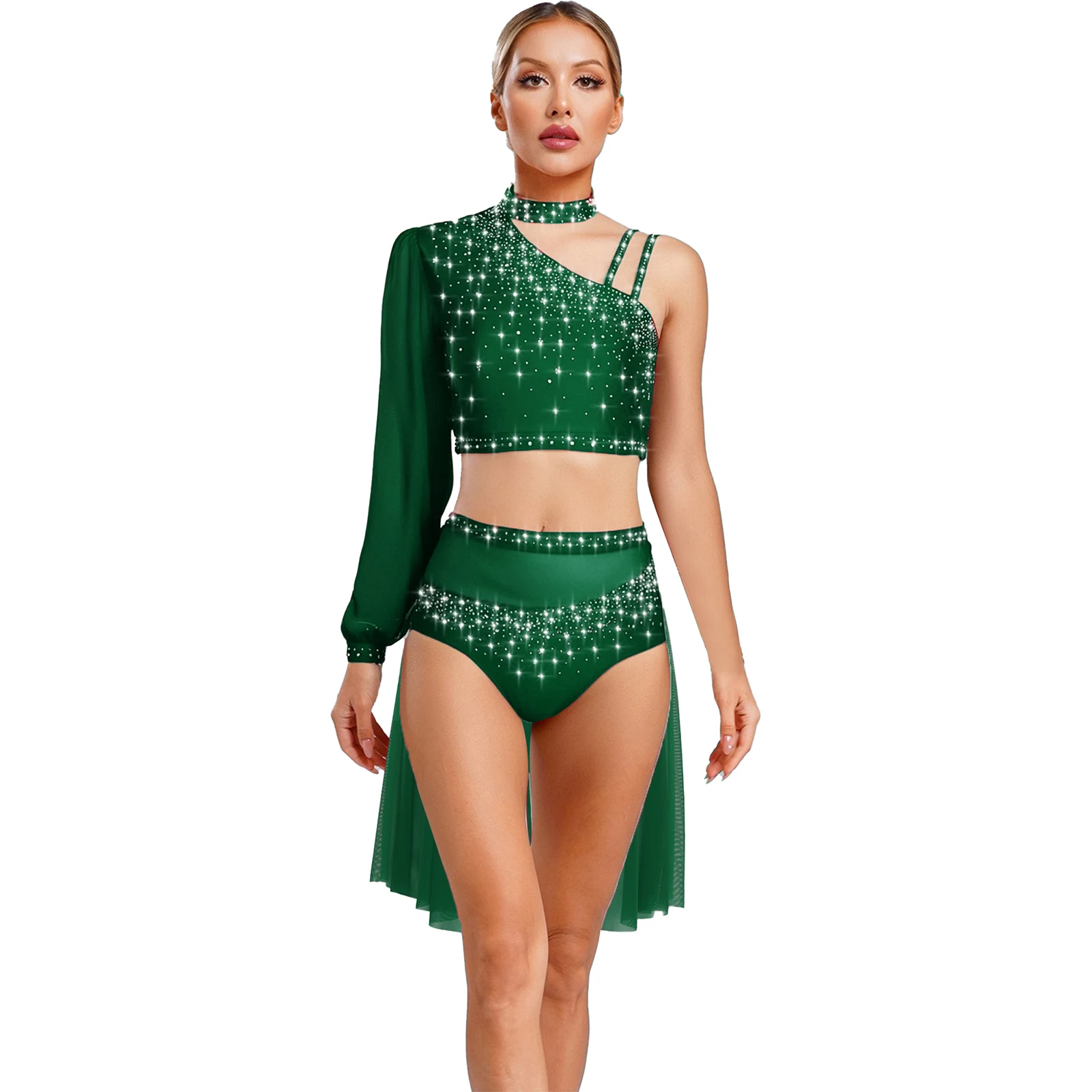 

Women Contemporary Lyrical Dance Outfits 2-Piece Asymmetrical Sheer Mesh Long Sleeve Crop Top with Skirt Figure Skating Costume
