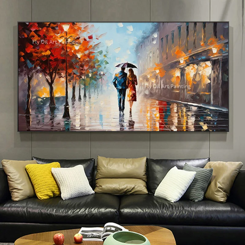 Black Grey Night Artwork Couple Walking On The Street Canvas Thick Oil Painting New Handmade Orange Tree Landscape Wall Decor