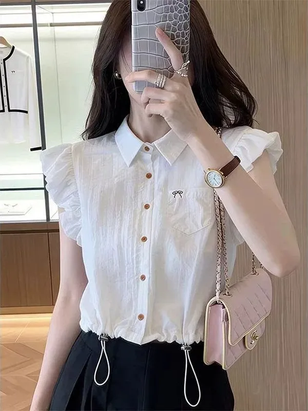 Women's Short Sleeve  Shirt 2026 Summer New Style Slimming Waist Design Belly Covering Fashionable Korean Loose Fit Blouse