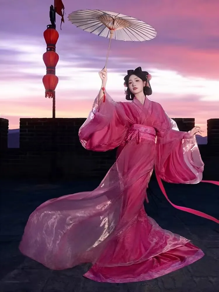 Vestido Hanfu para Mujer, Túnica Tradicional China, Disfraz de Cosplay Femenino, Color Rojo Rosa, Conjunto de 2 Piezas, Vestido para Actuación en Escenario, Disfraz Hanfu