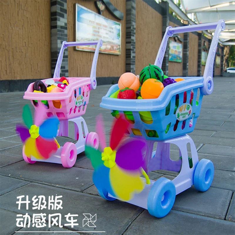 Pink Shopping Trolley Cart Supermarket Trolley Push Car Toys Basket Mini Simulation Fruit Food Pretend Play Toy for Children