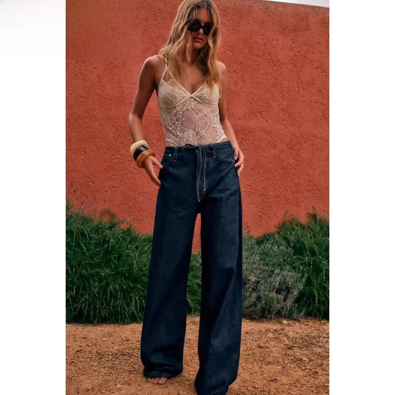 

Summer 2024 Women's Vintage Casual Versatile Draped Denim Effect Long Pants Straight Leg High Waist Pure Color Regular Thickness