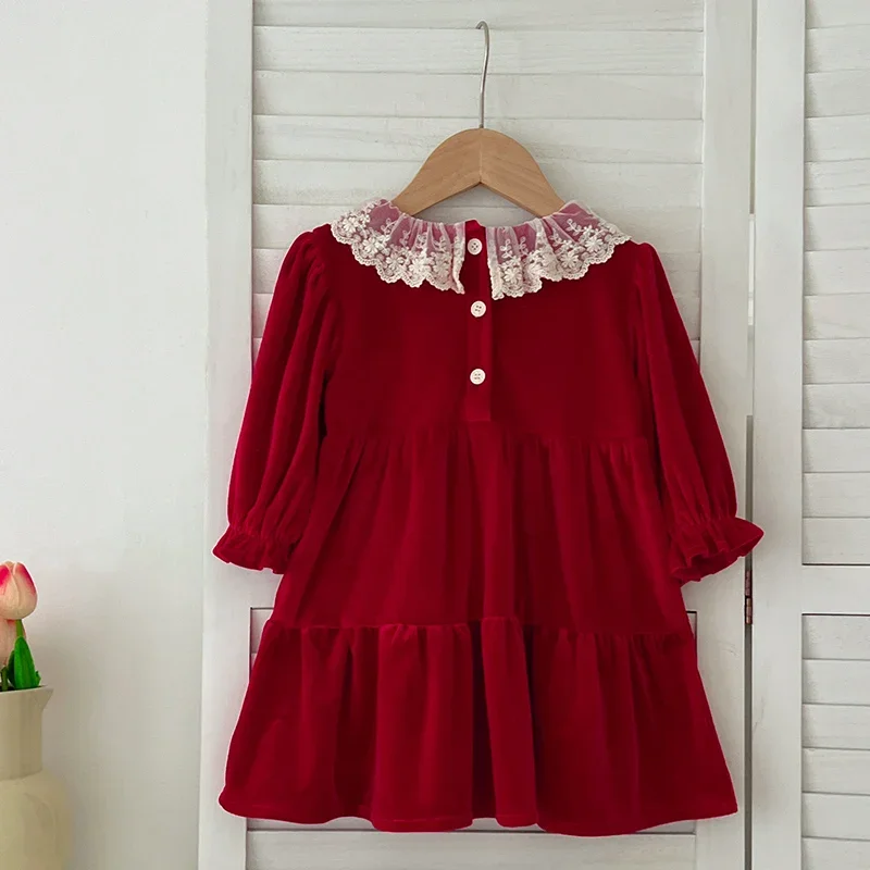 Autumn Christmas Party Dress Baby Girl Long Sleeve Ruffle Satin Finish Dress Lace Holiday Winter Wear Kid Girl Clothing New Year