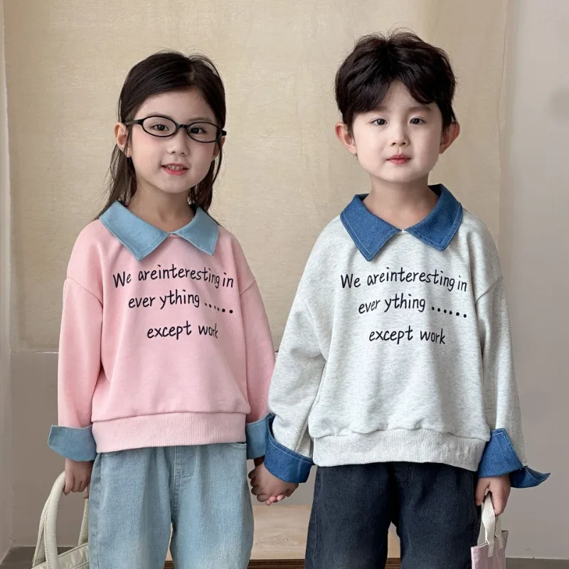 

New Arrivals Autumn Sibling Kids Hoodie Cowboy Patchwork Lapel Boys Sweatshirts Cute Letters Girls Loose Tops Children Outwear