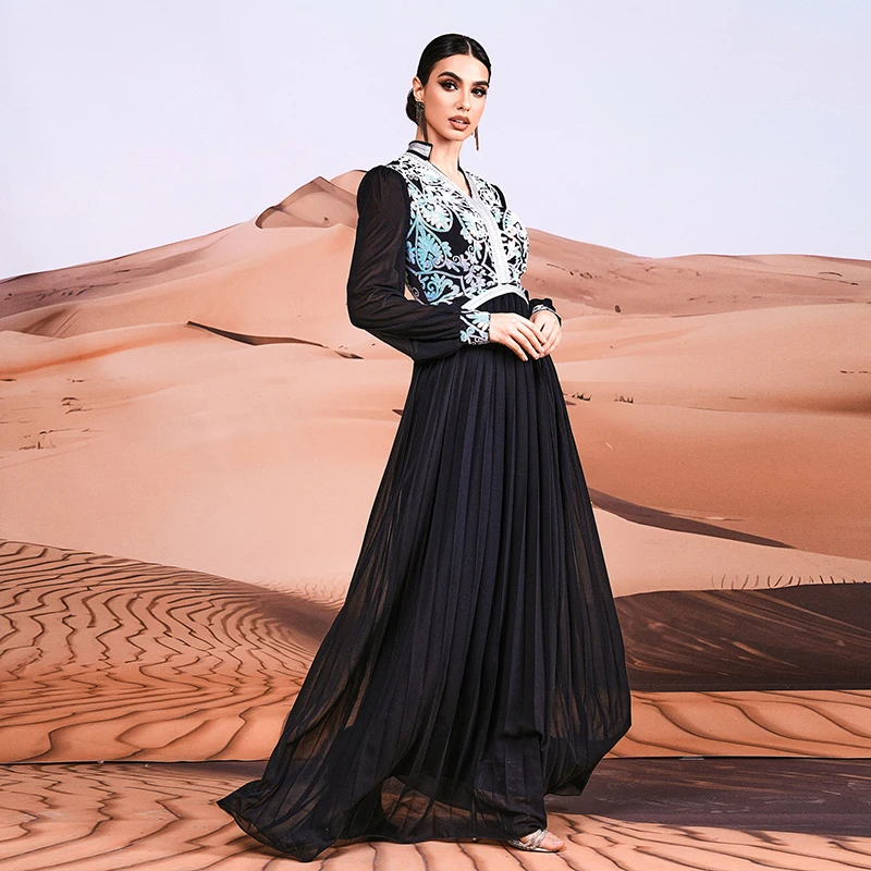 2024 Nieuwe Moslim Jurk Zwart Abaya Dubai Luxe Elegante Dames V-Hals Lovertjes Cocktail Prom Avond Feest Lange Maxi Jurken