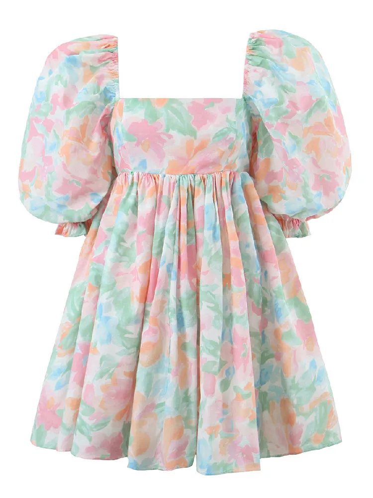 Sweet Princess Tie-dye Flower Print Ball Gown Dress Women Square Collar Puff Sleeve Swing Mini Fairy Cake Robe Girl Vestidos