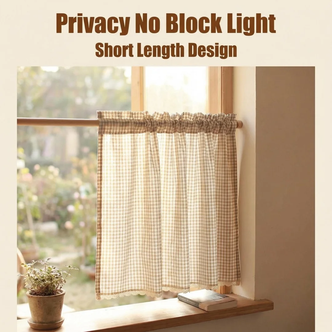 

Короткая штора в скандинавском стиле, в мелкую клетку, светло-кофейного цвета, для дверцы шкафа, полуштора, короткая штора кофейного цвета.