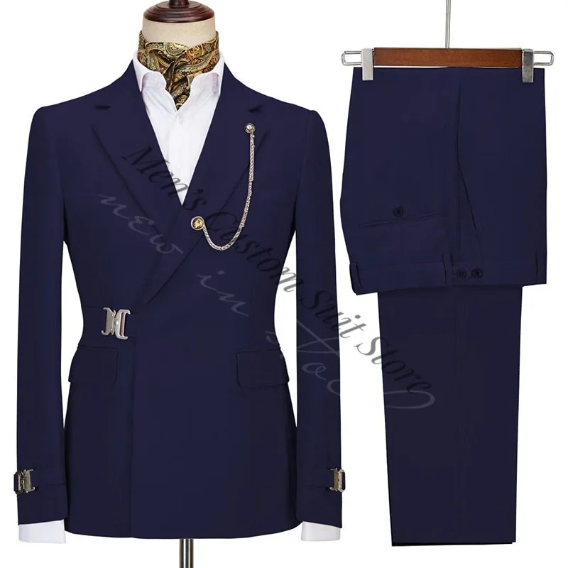 New Men Suits Black Navy Fashion Tailor-Made Metal Side Release Buckle 2 Pieces Casual Banquet Wedding Tuxedos Daily Menswear