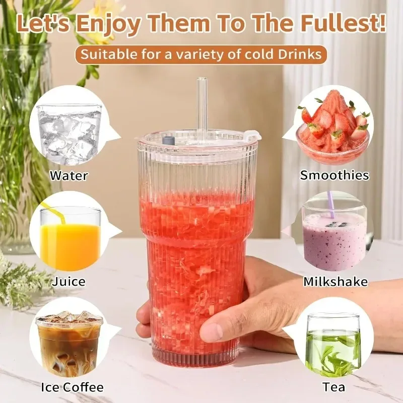 400/600ML Gestreifter Glas-Kaffeebecher Transparenter Trinkbecher mit Deckel und Strohhalm Großer Saft- und Eiskaffeebecher – Detail 6