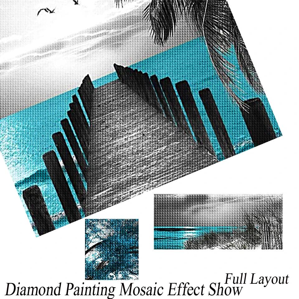 Paesaggio Verde Albero Costa Spiaggia Wall Art Luna Oceano Trittico Pittura diamante Trapano completo Strass Mosaico Diamante Ricamo